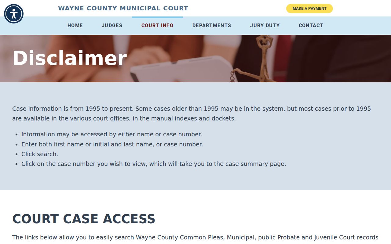 Wayne County case search Municipal Court public-search disclaimer